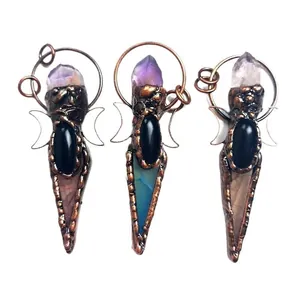 Vintage amethyst natural crystal scepter pendant necklace with textured copper finish.