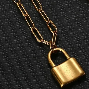 Elegant minimalist gold stainless steel paperclip chain necklace with padlock pendant