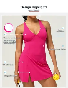 Hot pink one-piece yoga dress with V-neck, fishbone waist and slit skirt detail