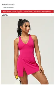 Front view of deep rose red quick-dry yoga one-piece skirt shown on professional model