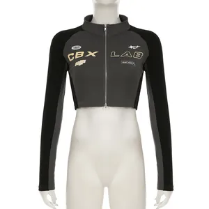 Street style cropped motorcycle zip-up top with graphic prints