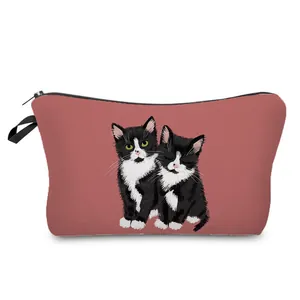 Cute tuxedo cat print makeup pouch with zipper and handle for stylish travel storage
