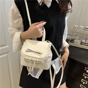 Korean style white oil leather mini backpack with delicate lace trim and bow for women