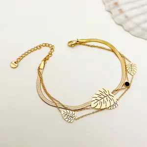 Tropical Monstera Leaf Triple Layered Bracelet For Women Gold Stainless Steel Snake Chain Adjustable Summer Beach Jewelry