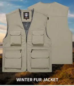 Men's outdoor multi-pocket quick-dry vest showing front and back views for fishing and hiking