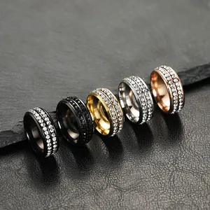 Detail view showing five titanium steel rings with elegant double-row crystal pave setting.
