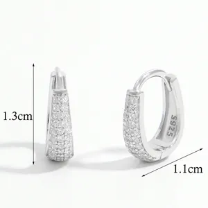 Elegant S925 silver pave-set hoop earrings with 1.3cm height and 1.1cm width dimensions