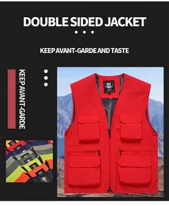Red multi-pocket outdoor fishing vest with breathable quick-dry mesh lining details