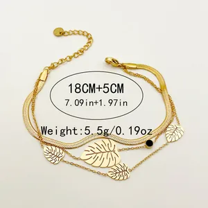 Triple-layer monstera leaf bracelet with gold-tone snake chain and black bead
