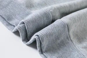 Macro detail of grey children's sweatshirt ribbed cuff showing soft fabric texture