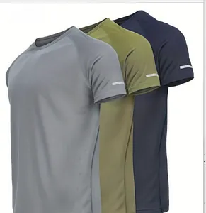 Detailansicht von Herren-Sport-T-Shirts im 3er-Pack in Grau, Olivgrün und Marineblau