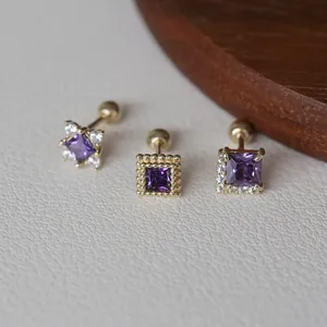 Élégantes boucles d'oreilles en argent S925 plaqué or 18 carats avec zircon violet