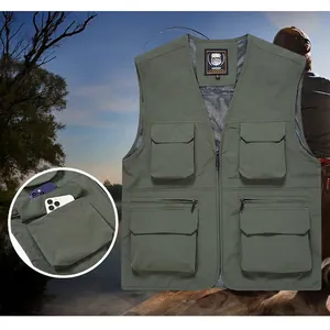 Dark green multi-pocket quick-dry fishing vest for men outdoor hiking camping gear