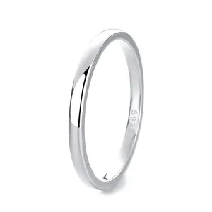 Minimalist 2mm 925 sterling silver smooth band ring shown at a 45-degree angle