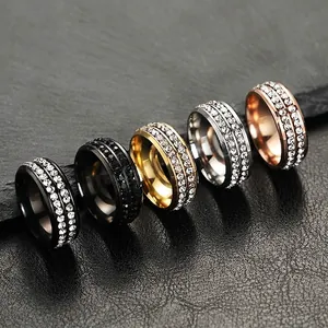 Double Row Rhinestone Stainless Steel Ring For Women Men Electroplated Titanium Steel Inlaid Pave Rhinestone Band Ring Jewelry