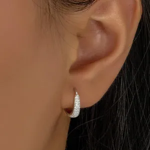 Close-up of silver-plated hoop earring with full sparkling cubic zirconia inlay.