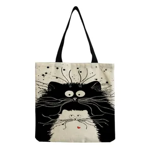 Cartoon Cute Exploded Hair Cat Cotton Linen Shopping Bag Large Capacity Reusable Eco Friendly Grocery Tote Bag For Women Daily Work Use