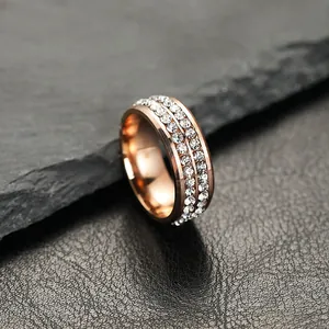 Elegant rose gold titanium steel ring featuring a double row of sparkling inlaid rhinestones