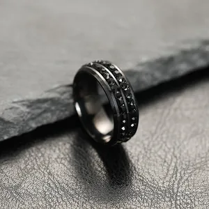 Elegant black titanium steel ring with double-row black crystal stones for couples