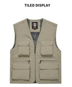 Front view of a khaki multi-pocket quick-dry utility vest for fishing or hiking