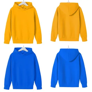 Front and back view of solid color long sleeve children's hoodies in yellow and blue.
