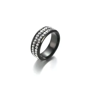 Elegant black stainless steel ring with double row full diamond inlay for couples