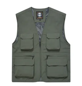 Close-up front view of a men's army green outdoor multi-pocket fishing vest in quick-dry fabric