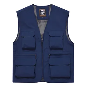 Front view of a navy blue multi-pocket outdoor fishing vest with breathable mesh lining