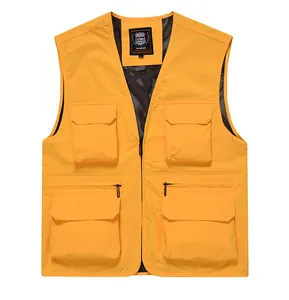 High-visibility yellow outdoor vest with multiple utility pockets and breathable mesh lining