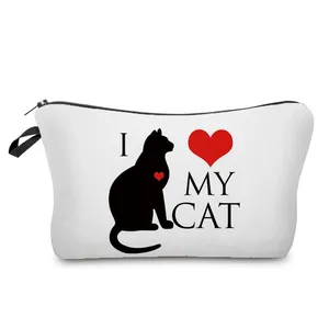 Close-up of white cosmetic bag featuring black cat silhouette and I Love My Cat print