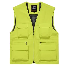 Detail of a fluorescent yellow multi-pocket quick-dry outdoor fishing vest for men.
