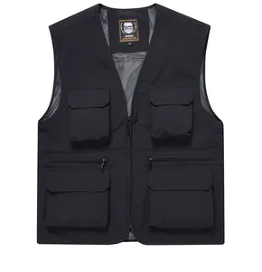 Detailed front view of black outdoor quick-dry fishing vest with multi-pocket design