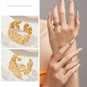Retro Leaf Round Flower Stainless Steel Plating Rings