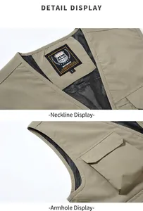 Close-up detail display of the neckline and armhole pocket on a khaki outdoor vest.