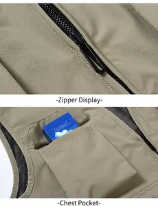 Detail of zipper and chest pocket on khaki quick-dry outdoor fishing vest for men