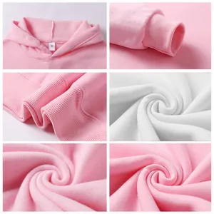 Detail shots of kids' pink fleece hoodie showing ribbed cuffs, soft fabric, and size tag
