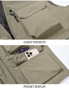 Close-up of chest and side pockets on a khaki multi-pocket outdoor tactical vest