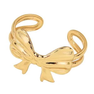 Elegant vintage gold bow adjustable open ring for women with high polish finish design