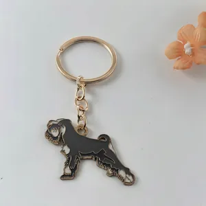 Black enamel Schnauzer dog keychain with gold-plated metal ring and chain