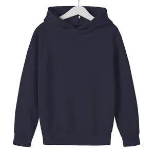 Minimalist navy blue kids hooded sweatshirt with ribbed cuffs and hem for autumn