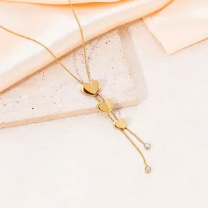 Elegant 18k gold plated titanium steel Y-necklace with triple textured heart pendants