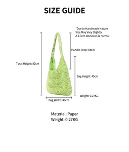 Abmessungen der grünen, hohl gewebten Umhängetasche mit Details aus Papiermaterial.