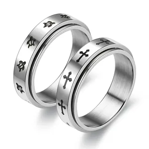 Premium stainless steel anti-anxiety spinner rings with cross and turtle icon engravings