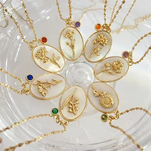 Vintage gold oval birth flower pendant necklaces featuring colorful birthstones for women