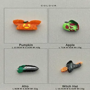 Acetate Halloween hair clips set including pumpkin, poison apple, and witch hat designs.