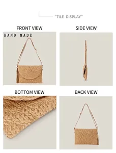 Detailed multi-angle views of a stylish woven straw envelope bag for daily casual use
