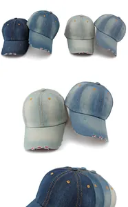 Multiple shades of distressed washed denim baseball caps with frayed brim details