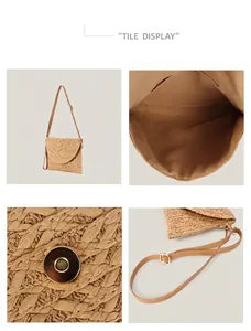 Detail views of handmade woven straw bag with magnetic clasp and adjustable strap.
