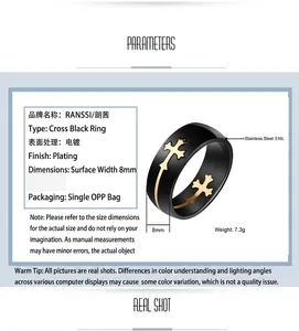 Detailed view of black titanium steel ring with gold cross and size parameters