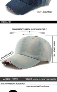 Detail view of washed denim baseball cap with size measurements and specifications